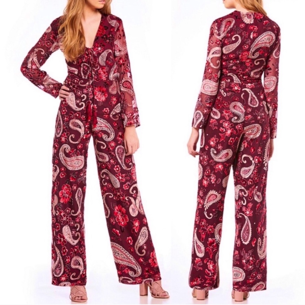 Long Sleeve Burnout Velvet Paisley Jumpsuit